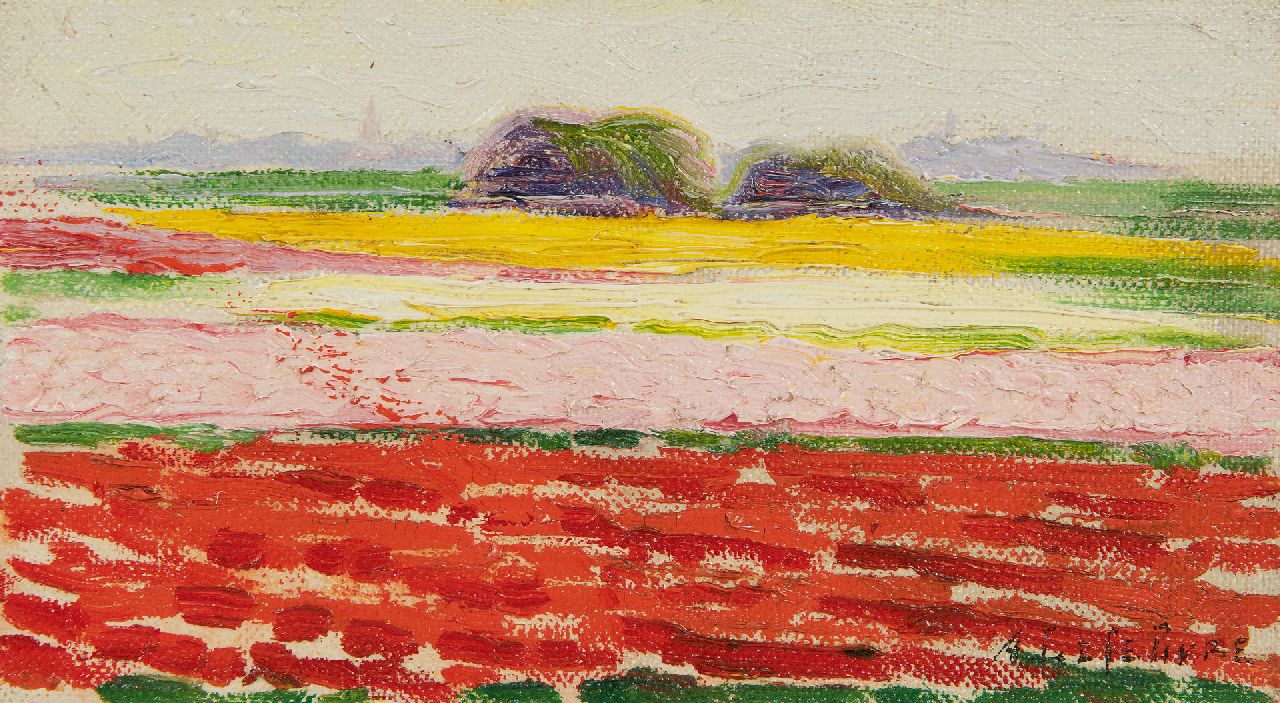 Lefebvre A.  | Albrecht 'Albert' Lefebvre, Bulb fields near Noordwijk, oil on canvas laid down on board 10.1 x 17.7 cm, signed l.r. and dated 1919 on the reverse
