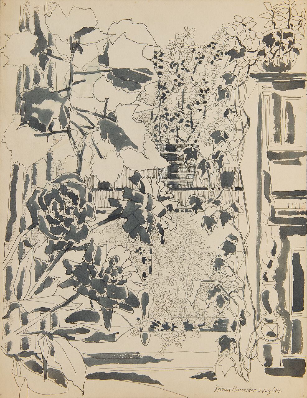 Hunziker F.  | Frieda Hunziker, Balcony and piano (preliminary study), pen, brush and ink on paper 45.0 x 34.7 cm, signed l.r. and dated 24-9-'44