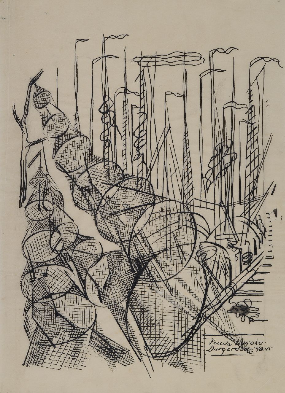 Hunziker F.  | Frieda Hunziker, Masts and drying fishing nets, Durgerdam, pen and ink on archment 33.2 x 24.0 cm, signed l.r. and dated '40-'45