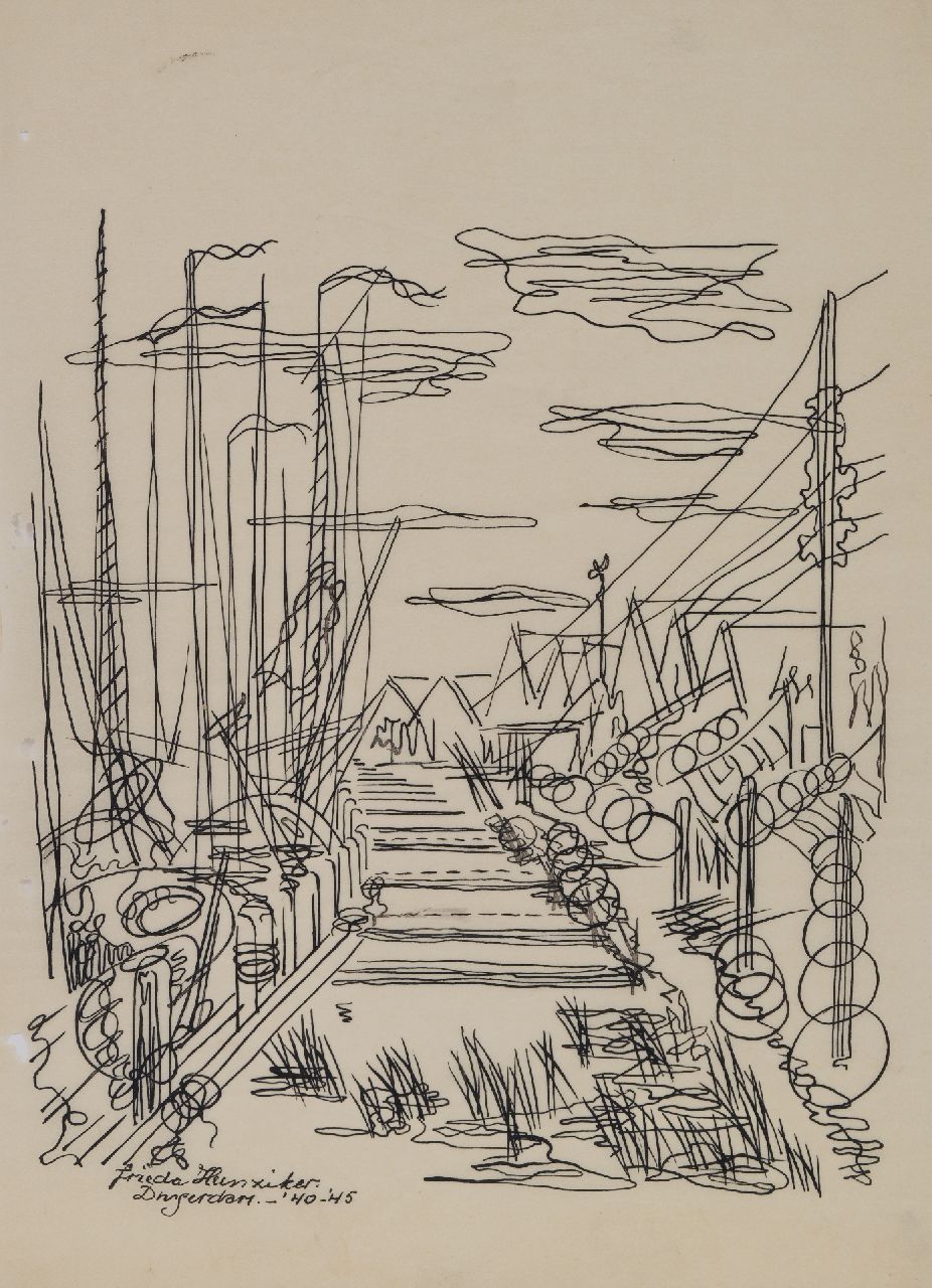 Hunziker F.  | Frieda Hunziker | Watercolours and drawings offered for sale | Houses on the water, Durgerdam, pen and ink on archment 33.2 x 24.0 cm, signed l.l. and dated '40-'45