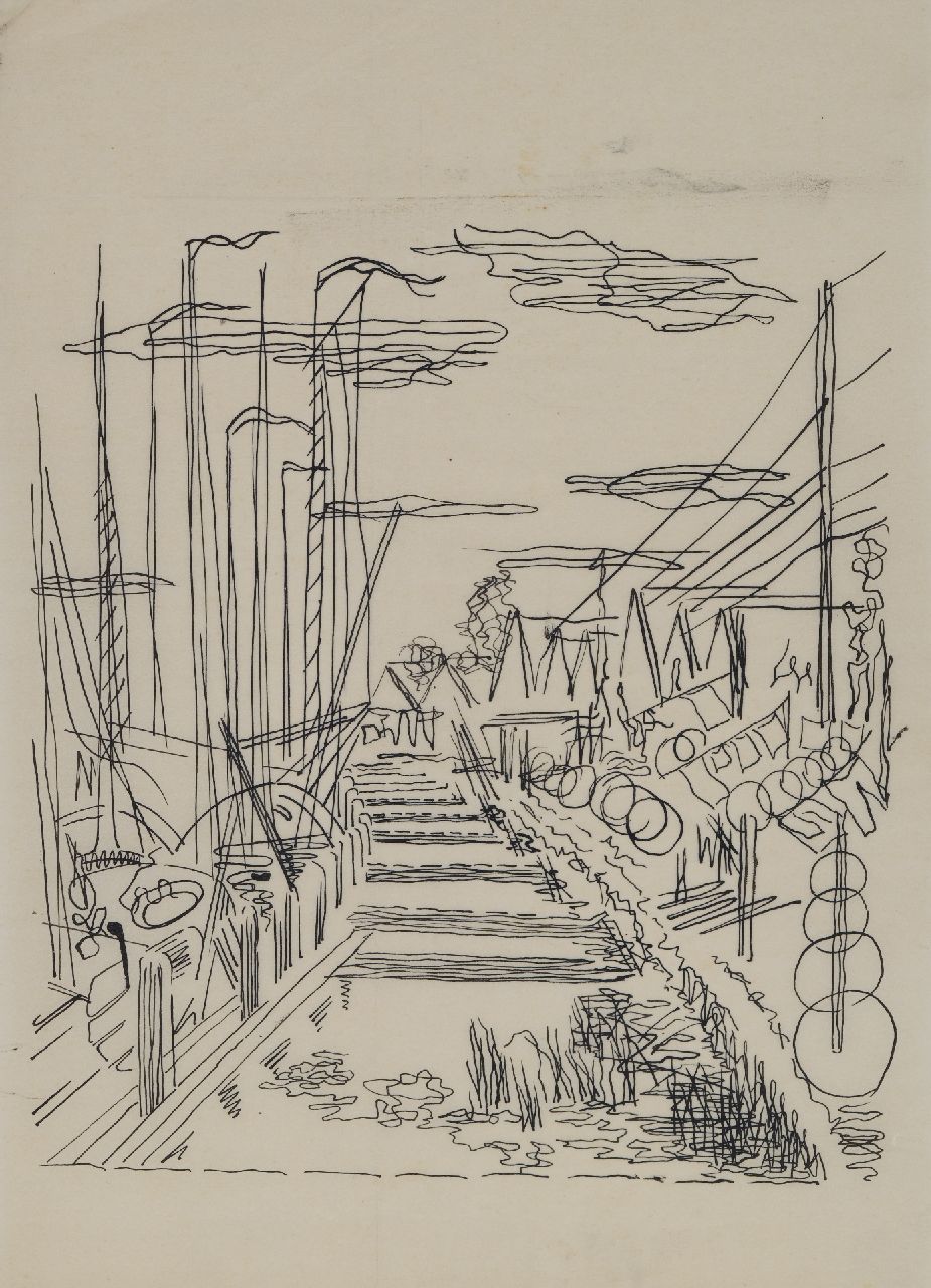 Hunziker F.  | Frieda Hunziker | Watercolours and drawings offered for sale | Houses on the water, Durgerdam, pen on parchment 33.1 x 24.0 cm, executed ca. 1940-1945
