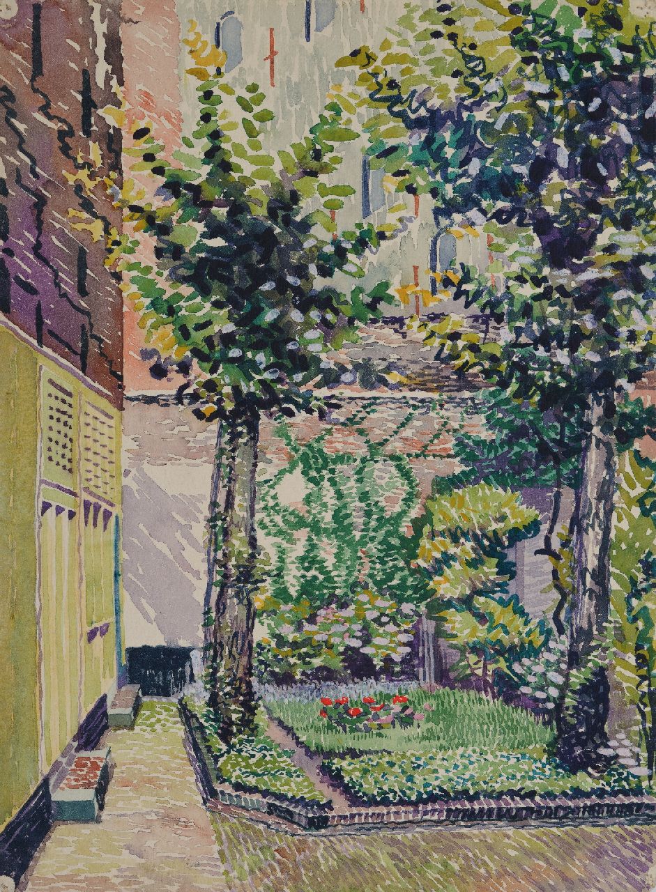 Hunziker F.  | Frieda Hunziker | Watercolours and drawings offered for sale | Sunny backyard, watercolour on paper 38.5 x 28.3 cm