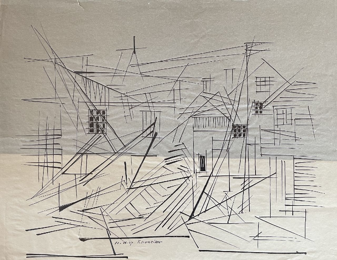 Hunziker F.  | Frieda Hunziker, Houses and ships, pen and ink on archment 30.0 x 38.5 cm, signed l.c. and dated 11-11-47