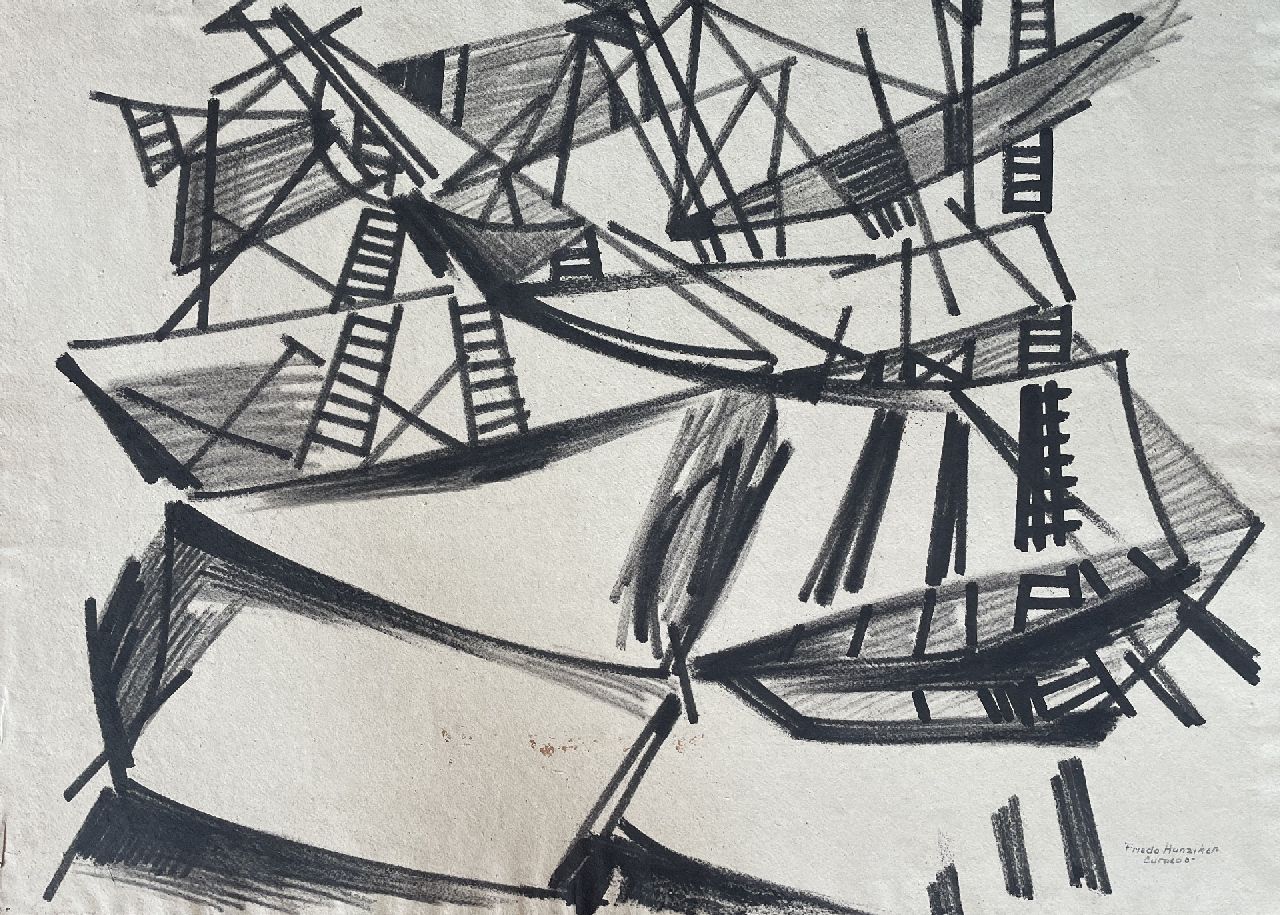 Hunziker F.  | Frieda Hunziker, Curaçao; on the reverse: Composition, pencil, ink and black chalk on paper 57.5 x 79.2 cm, signed l.r. and executed ca. 1952