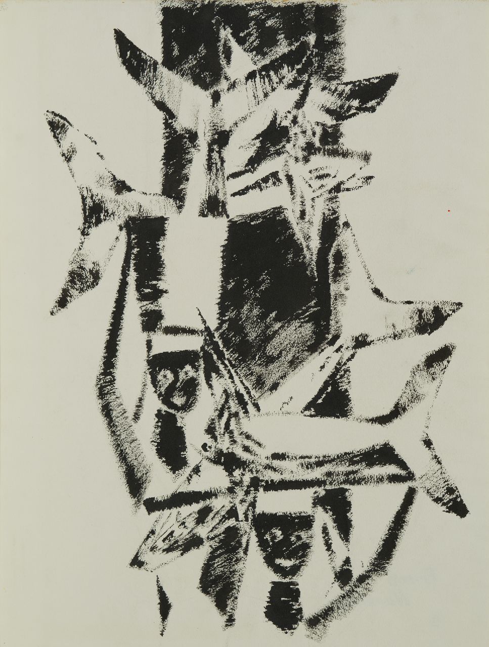 Hunziker F.  | Frieda Hunziker, Composition with fish, ink on paper 74.1 x 56.5 cm, signed on the reverse and dated on the reverse '53