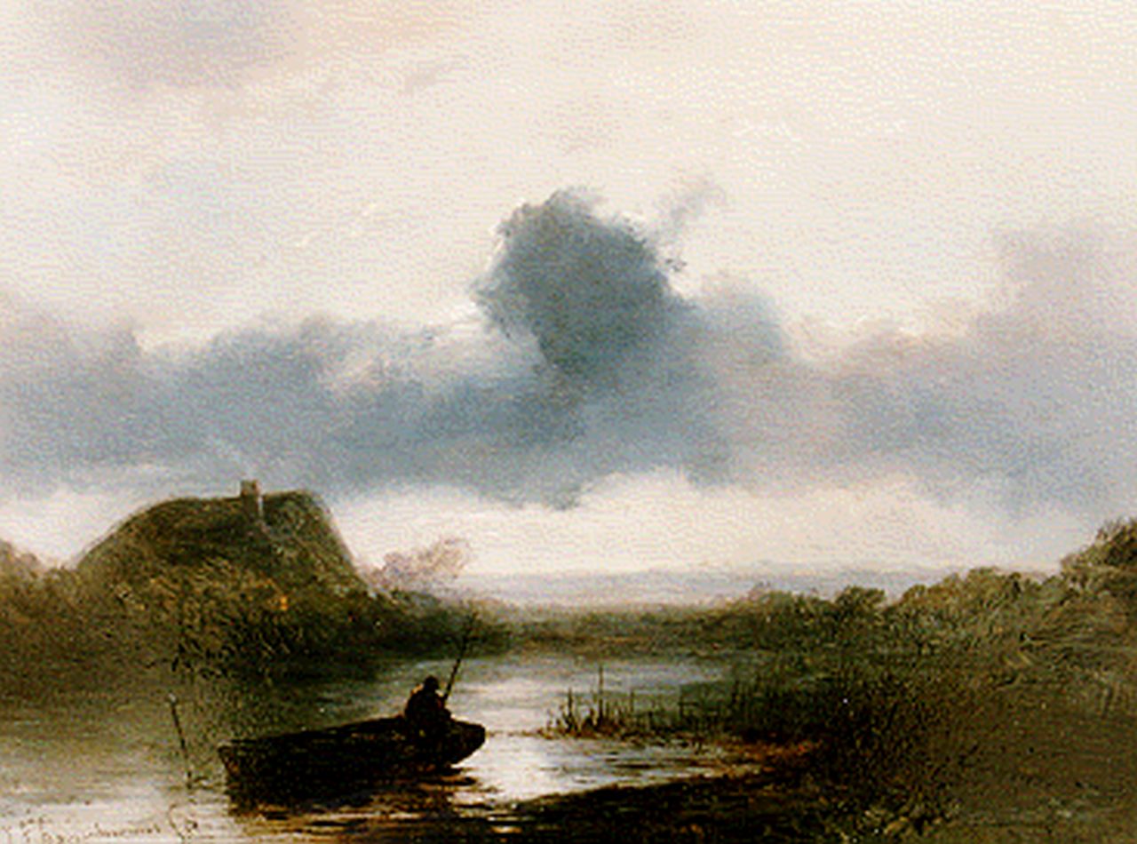 Hoppenbrouwers J.F.  | Johannes Franciscus Hoppenbrouwers, A fisherman in a polder landscape, oil on panel 19.1 x 26.0 cm, signed l.l.