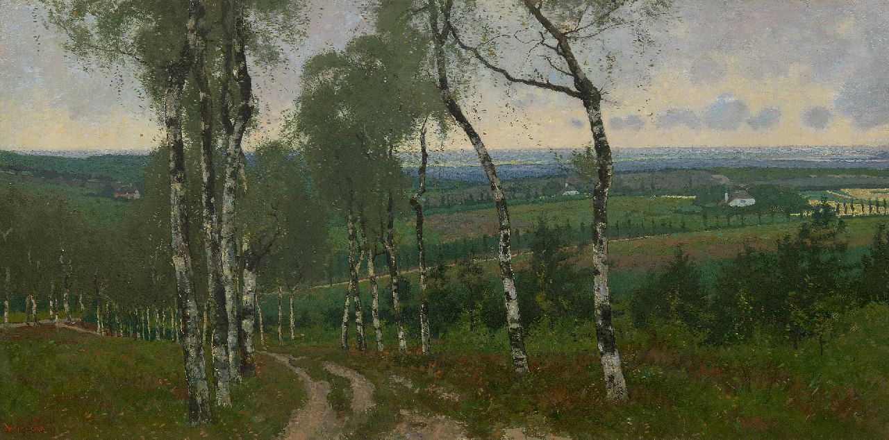 Wiggers D.  | Dirk 'Derk' Wiggers, Birch road, oil on canvas 40.8 x 80.7 cm, signed l.l. and on stretcher and dated on the reverse 1903