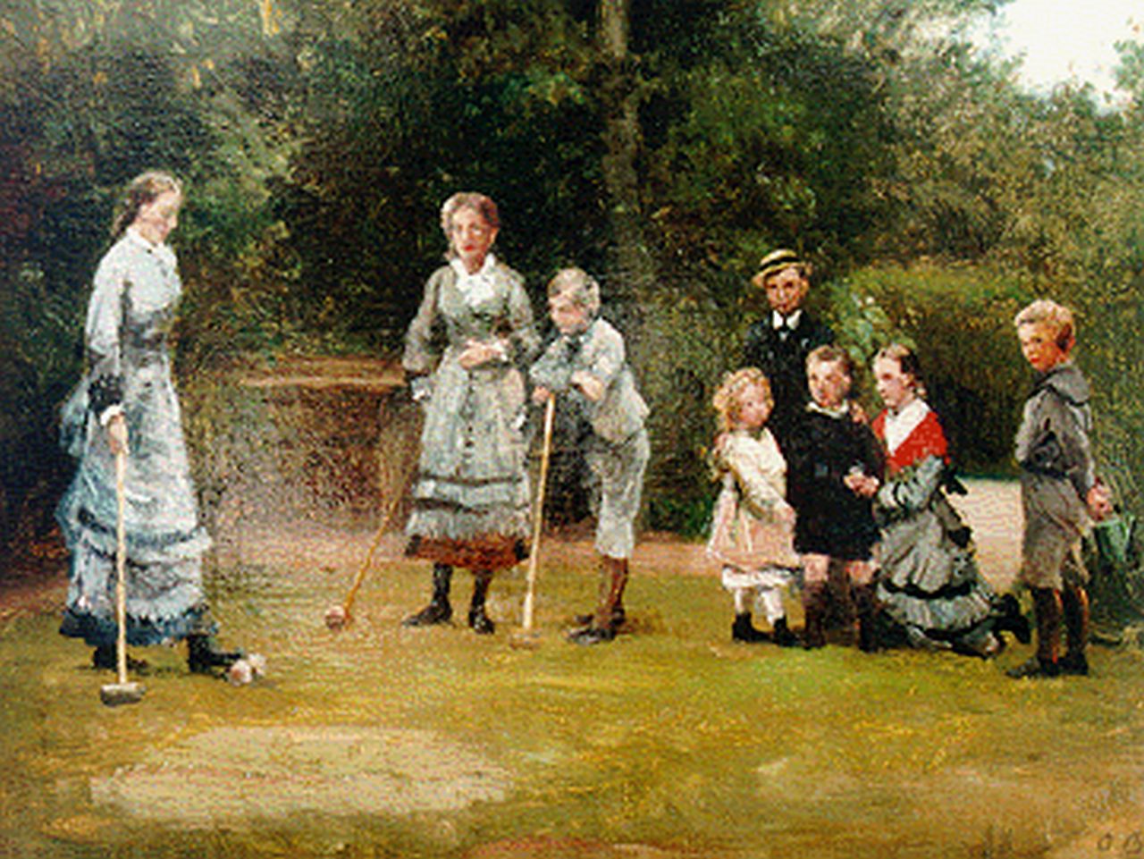 Bache O.  | Otto Bache, Playing croquet, oil on canvas 30.0 x 40.0 cm, signed l.r. with monogram