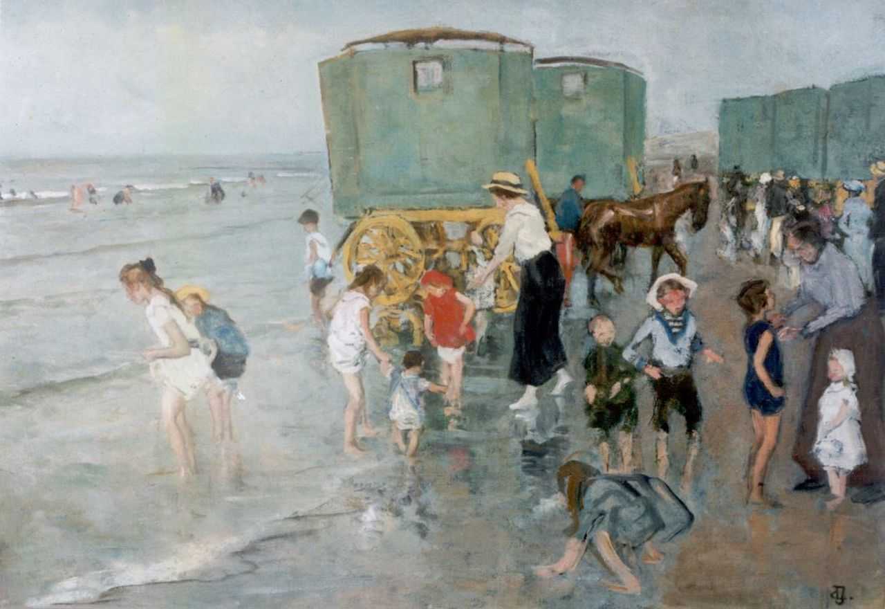 Jonge J.A. de | Johan Antoni de Jonge, Children playing on the beach, Scheveningen, oil on canvas 50.0 x 70.0 cm, signed l.r. with monogram