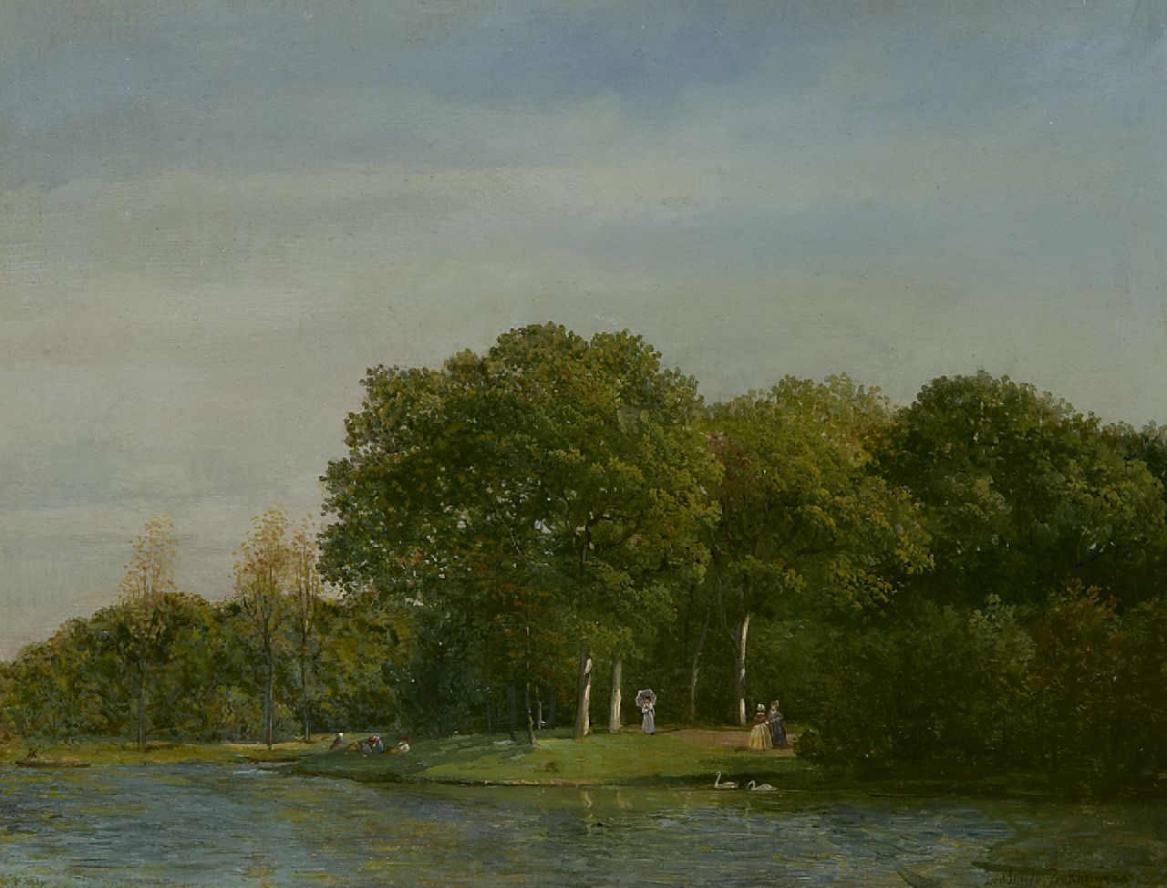Sande Bakhuyzen J.J. van de | Julius Jacobus van de Sande Bakhuyzen | Paintings offered for sale | Landscape garden with elegant figures, oil on paper laid down on panel 26.7 x 35.0 cm, signed l.r.