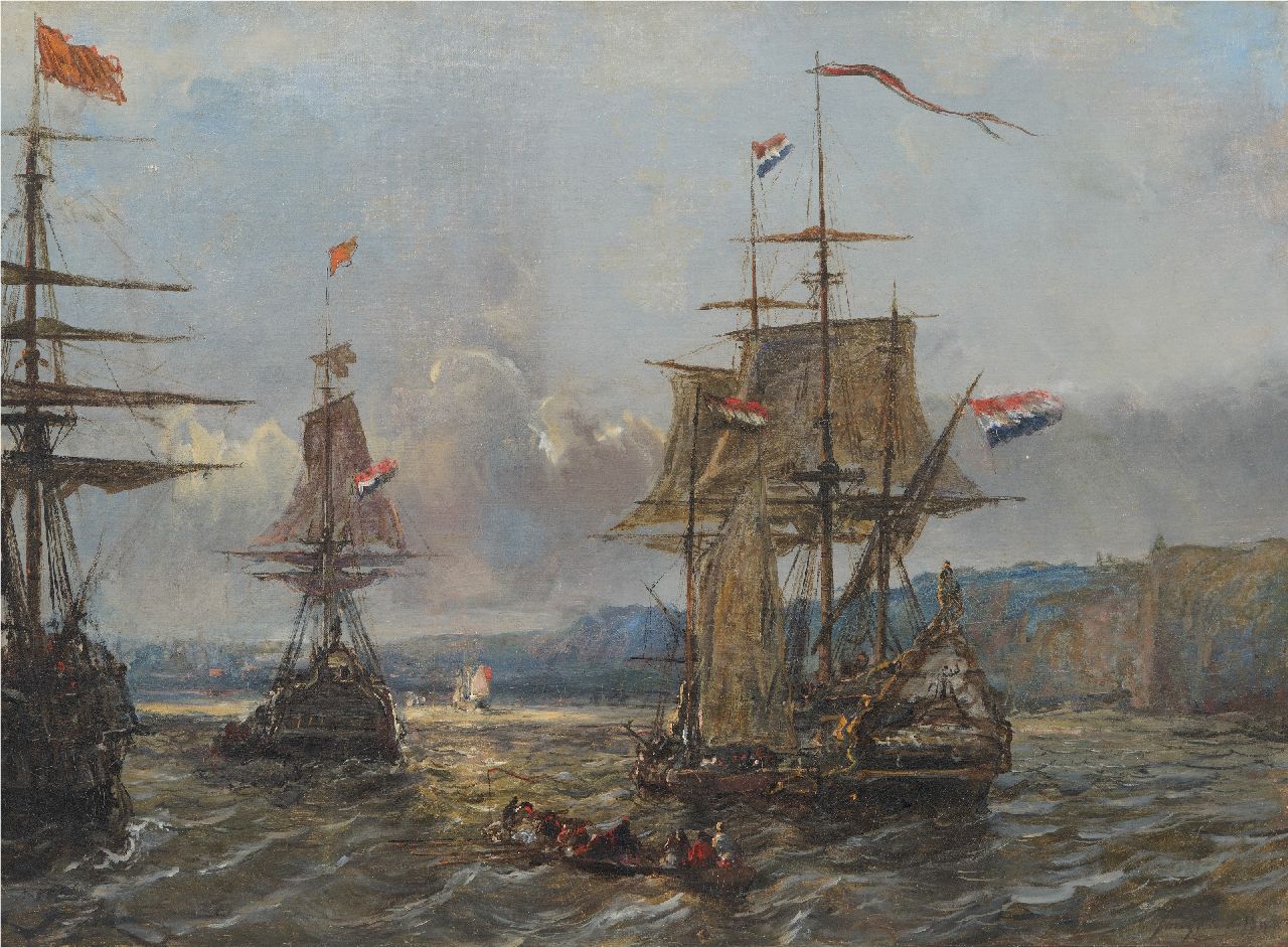 Jongkind J.B.  | Johan Barthold Jongkind | Paintings offered for sale | Dutch vessels  on the English coast, oil on canvas 58.1 x 80.2 cm, signed l.r. and dated 1864