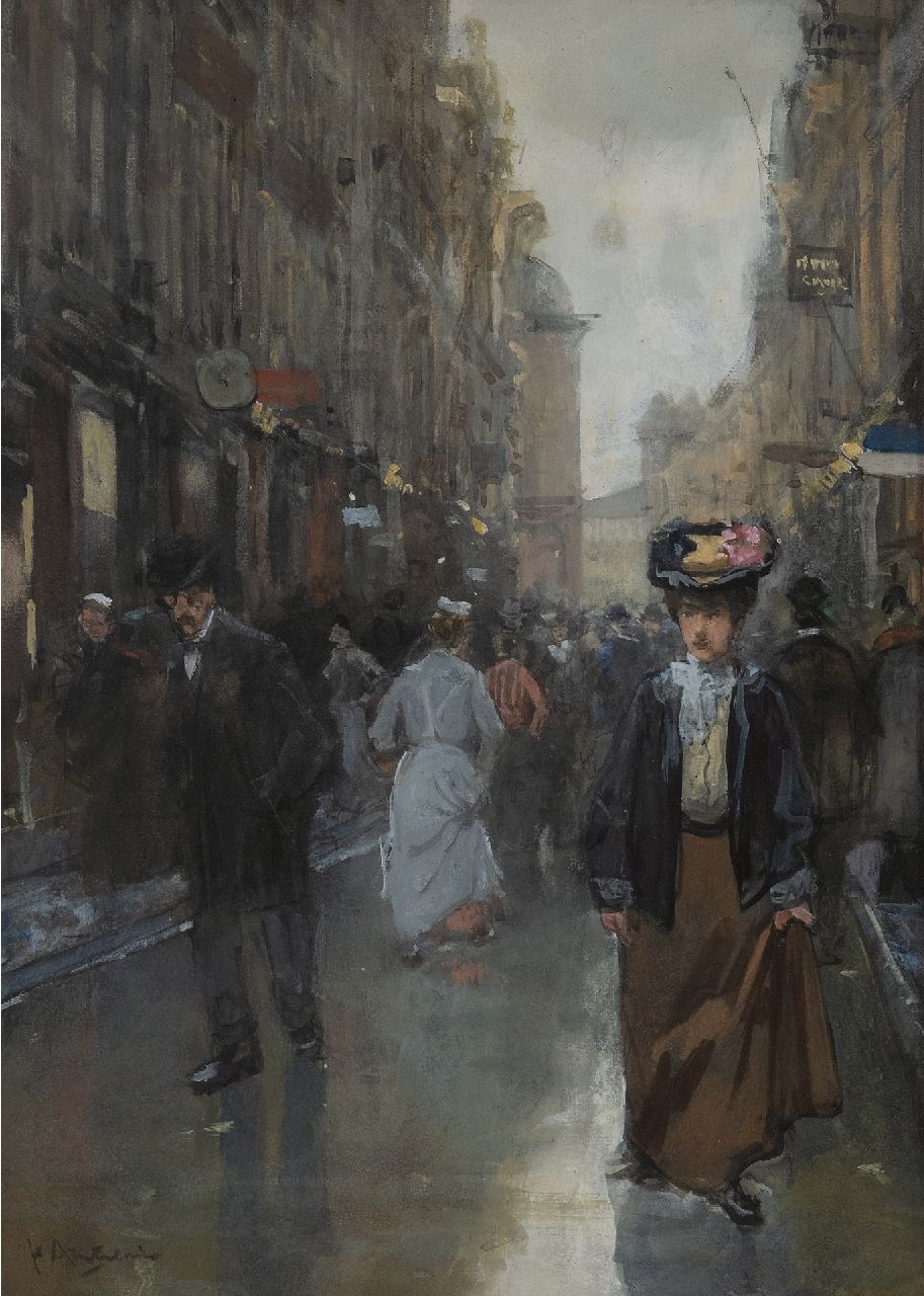 Arntzenius P.F.N.J.  | Pieter Florentius Nicolaas Jacobus 'Floris' Arntzenius | Watercolours and drawings offered for sale | Busy Spuistraat in The Hague, watercolour on paper 41.6 x 30.7 cm, signed l.l.