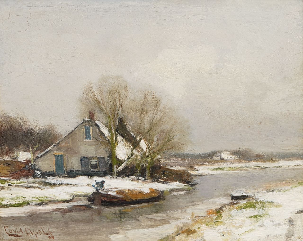 Apol L.F.H.  | Lodewijk Franciscus Hendrik 'Louis' Apol | Paintings offered for sale | A farm in the snow, oil on panel 21.3 x 27.1 cm, signed l.l.