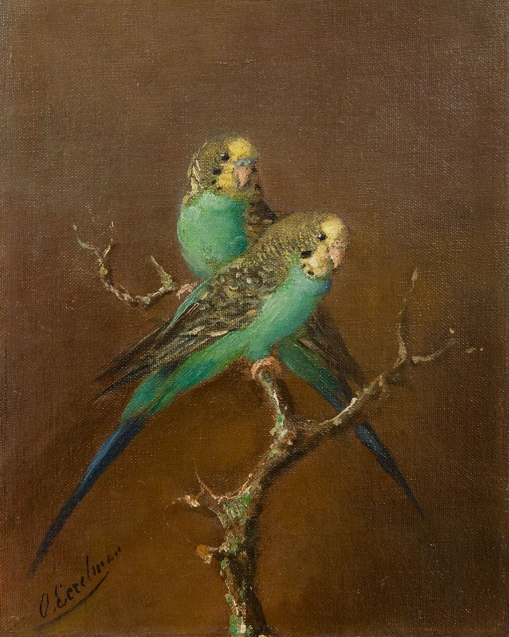Eerelman O.  | Otto Eerelman | Paintings offered for sale | Two parakeets, oil on painter's board 30.4 x 23.7 cm, signed l.l. and no frame