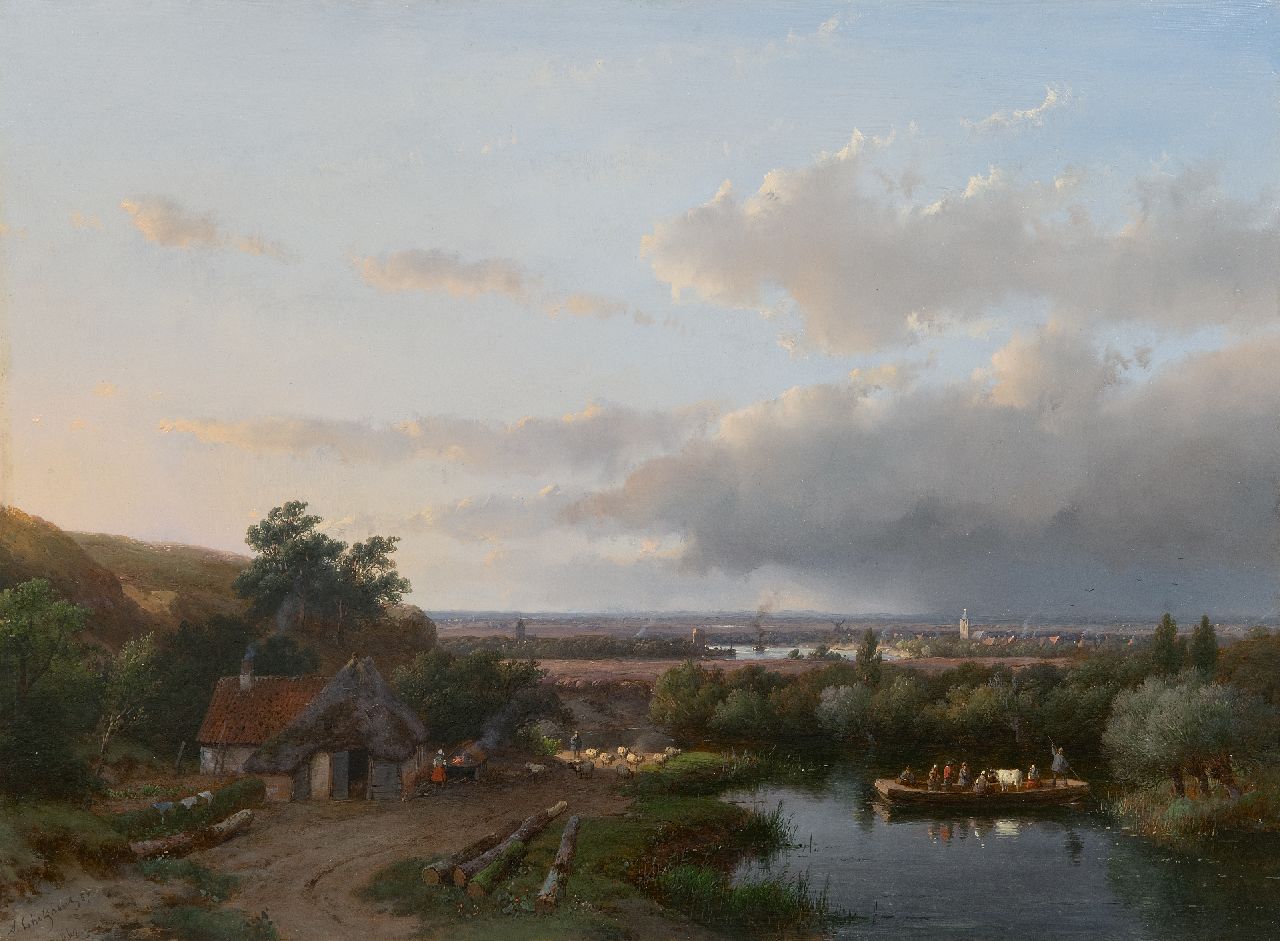 Schelfhout A.  | Andreas Schelfhout | Paintings offered for sale | Panoramic summer landscape with a ferry, oil on panel 37.3 x 50.6 cm, signed l.l. and dated '57