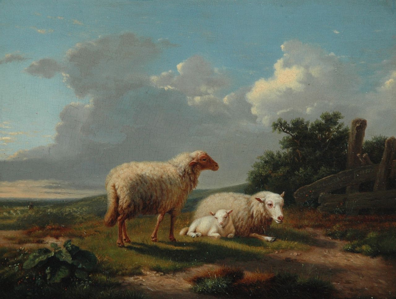 Joseph van Dieghem | Landscape with two sheep and a lamb, oil on panel, 18.8 x 24.5 cm, signed m.r. and dated 1855