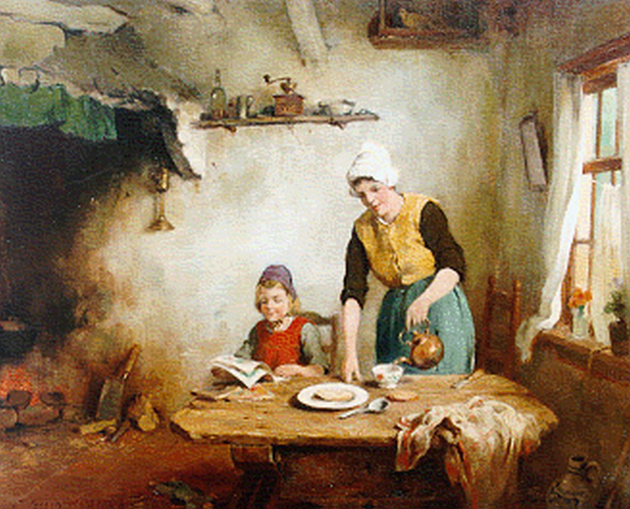 Groenewegen A.J.  | Adrianus Johannes Groenewegen, A cup of tea, oil on canvas 45.0 x 55.0 cm, signed l.r.