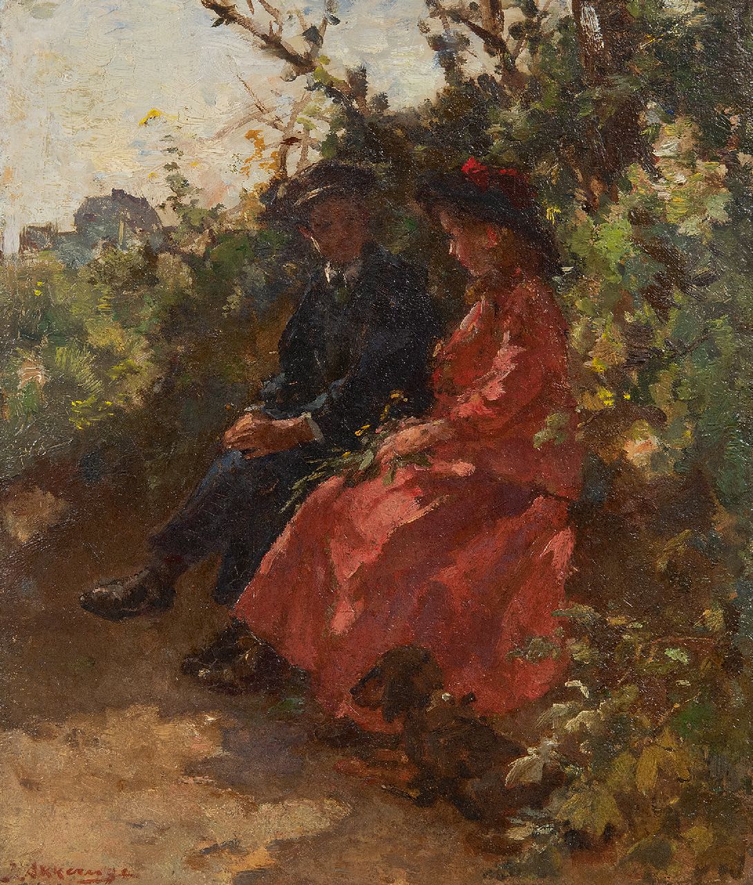 Akkeringa J.E.H.  | 'Johannes Evert' Hendrik Akkeringa | Paintings offered for sale | Courtship, oil on panel 28.5 x 24.4 cm, signed l.l.