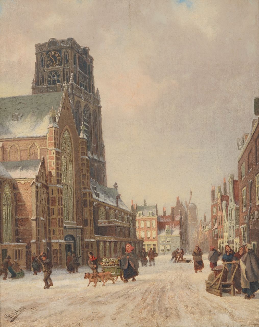 Franciscus van Gulik | A snowy view of Rotterdam with the Sint-Laurens church and windmill De Noord, oil on panel, 40.5 x 32.4 cm, signed l.l. and dated 1882