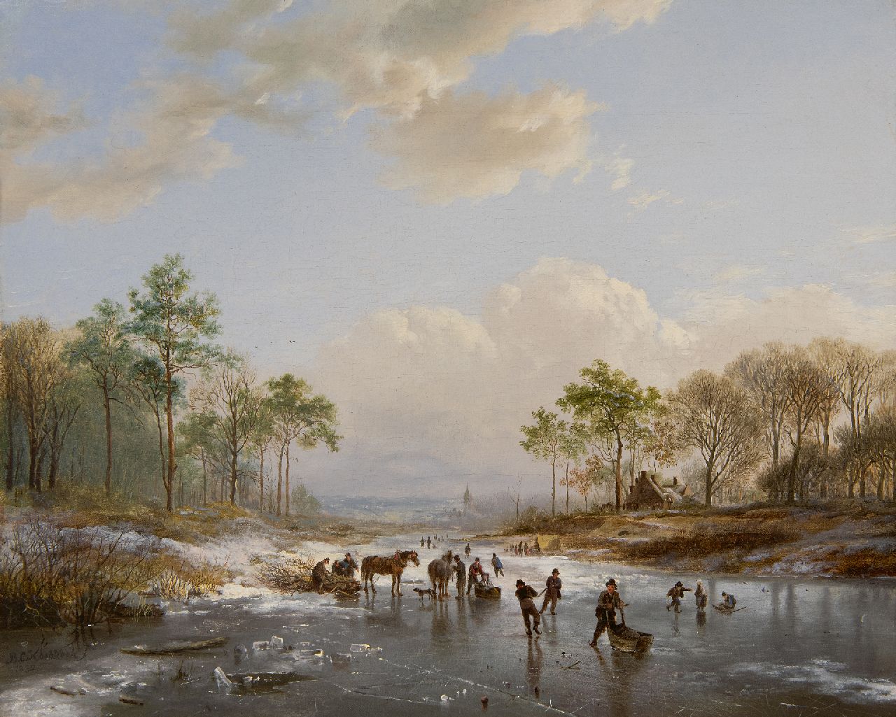 Koekkoek B.C.  | Barend Cornelis Koekkoek | Paintings offered for sale | Skaters and wood gatherers on a frozen river, oil on canvas 29.0 x 35.7 cm, signed l.l. and dated 1832