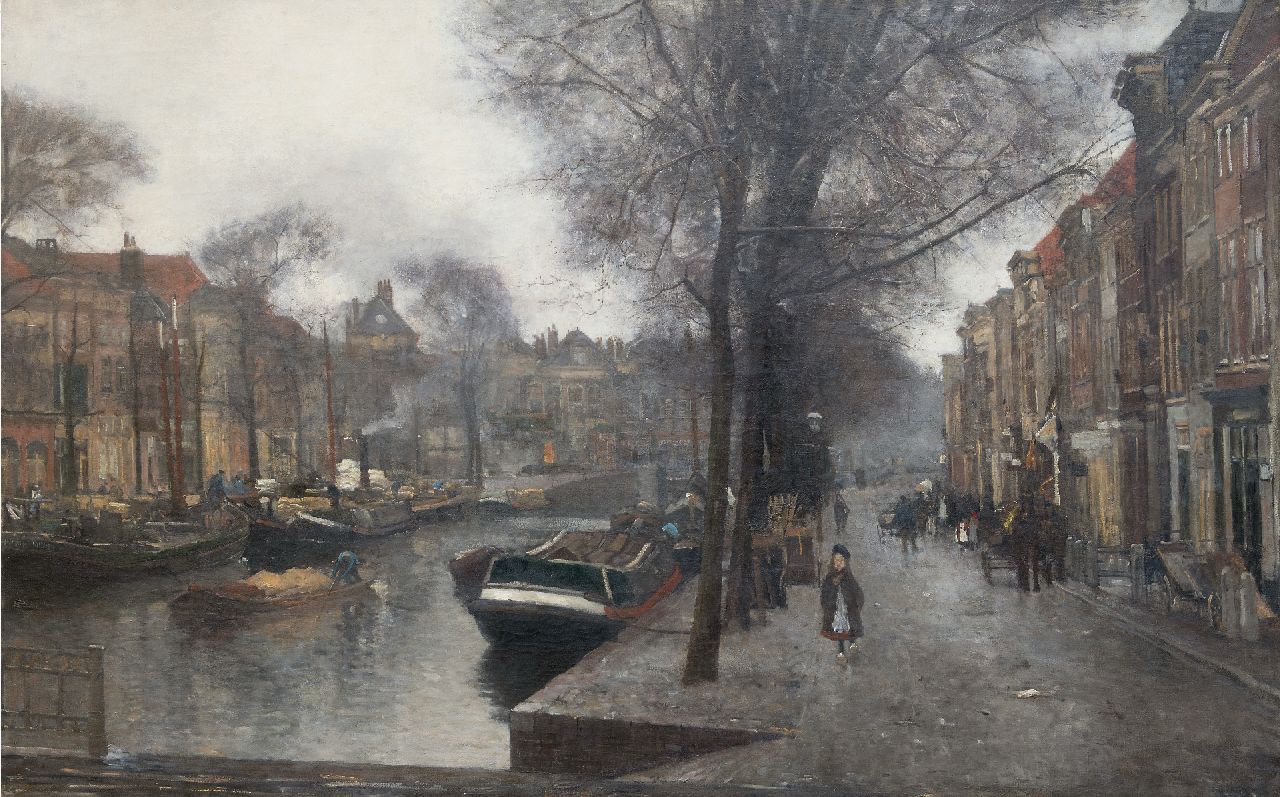 Arntzenius P.F.N.J.  | Pieter Florentius Nicolaas Jacobus 'Floris' Arntzenius | Paintings offered for sale | The Bierkade in The Hague, seen from the Wagenbrug towards the Spui, oil on canvas 126.4 x 201.3 cm, signed l.r.