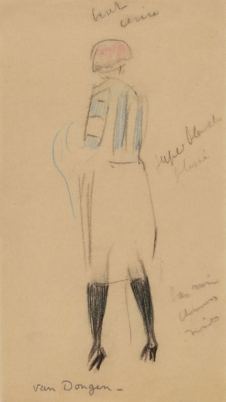 Dongen C.T.M. van | Cornelis Theodorus Maria 'Kees' van Dongen | Watercolours and drawings offered for sale | Femme de dos, black and coloured chalk on paper 20.8 x 11.7 cm, signed l.c.