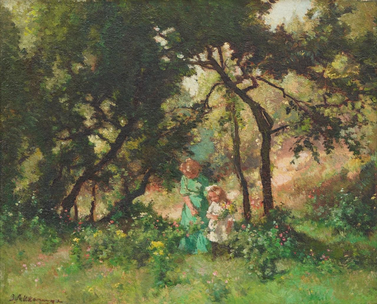 Akkeringa J.E.H.  | 'Johannes Evert' Hendrik Akkeringa | Paintings offered for sale | Picking flowers in the dunes, oil on canvas 29.0 x 35.4 cm, signed l.r.