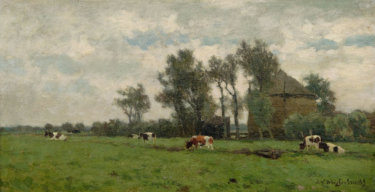 Weissenbruch H.J.  | Hendrik Johannes 'J.H.' Weissenbruch | Paintings offered for sale | Grazing cows near a haybarn, oil on canvas 24.8 x 45.4 cm, signed l.r.
