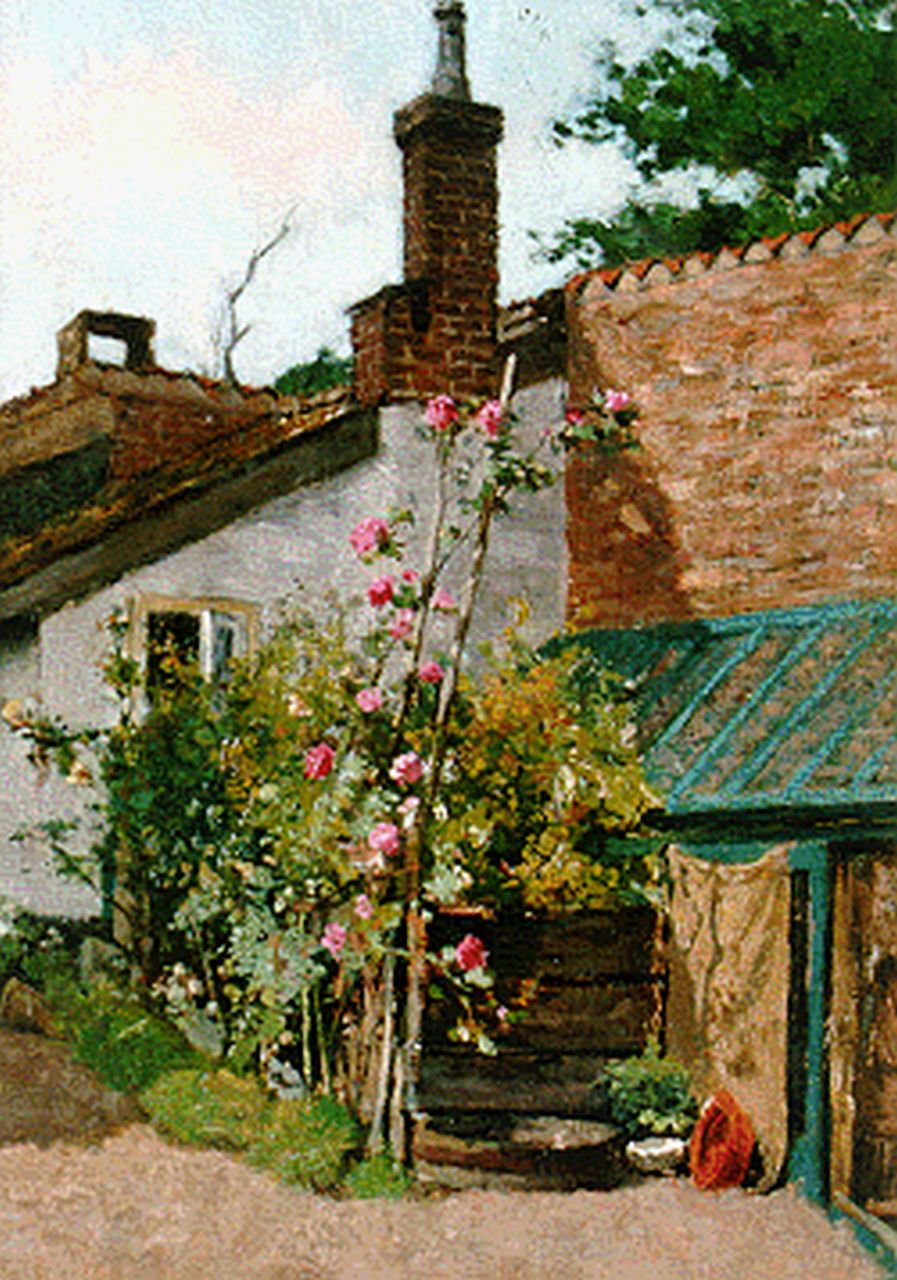 Pabst J.C.  | Johannes Cornelis Pabst, A yard with hollyhocks, oil on canvas laid down on panel 32.0 x 21.8 cm, signed l.l.