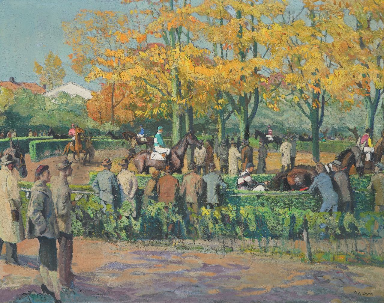 Dom P.L.C.  | Paulus Ludovicus Carolus 'Pol' Dom | Paintings offered for sale | Audience watching the racehorses in the paddock at Duindigt racecourse in Wassenaar, oil on canvas 65.7 x 81.8 cm, signed l.r. and on the stretcher