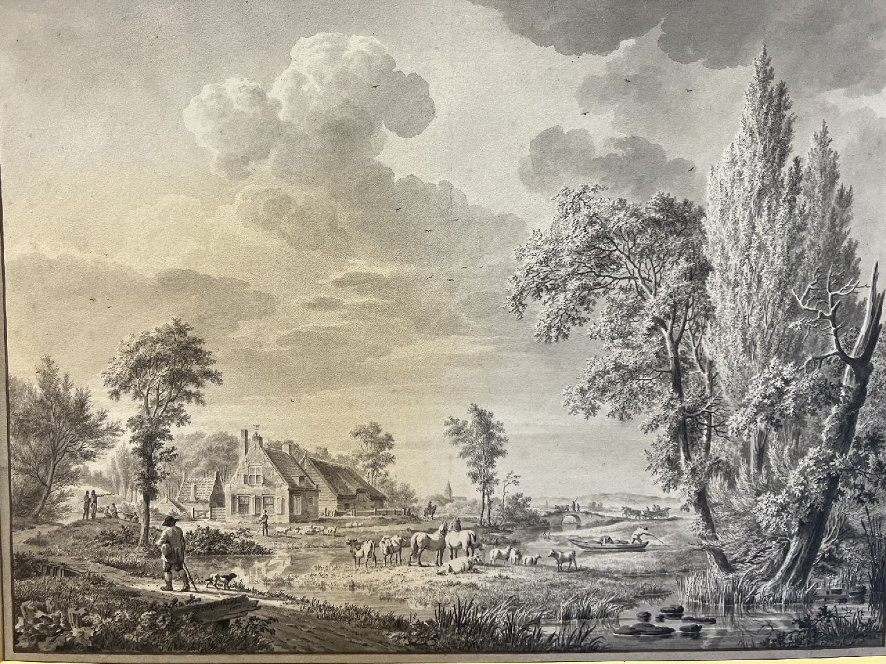 Koekkoek J.H.  | Johannes Hermanus Koekkoek | Watercolours and drawings offered for sale | River landscape with figures and cattle at a farmhouse, washed ink on paper 29.0 x 38.8 cm, signed l.l.