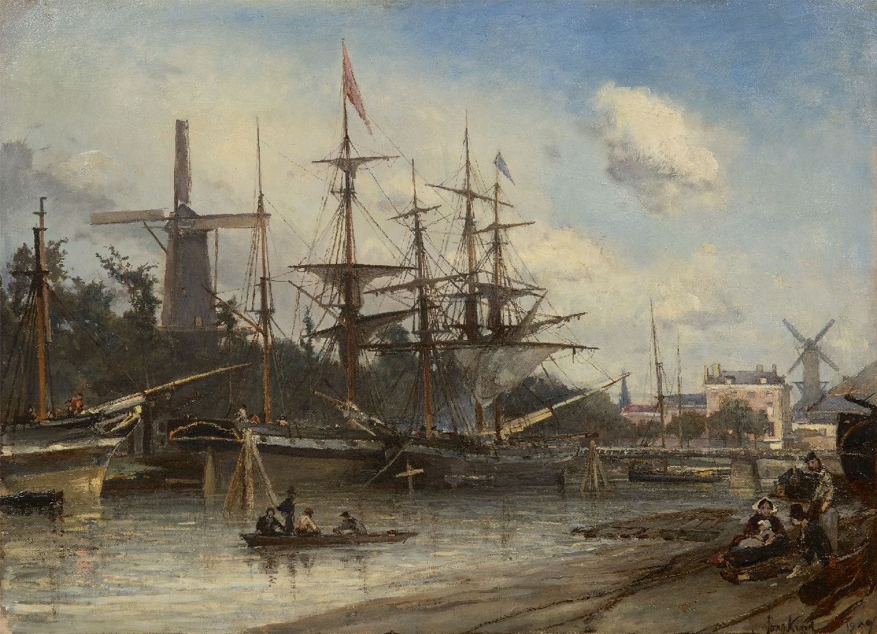 Jongkind J.B.  | Johan Barthold Jongkind | Paintings offered for sale | Moored ships in the port of Rotterdam, oil on canvas 42.0 x 56.1 cm, signed l.r. twice and dated 1857