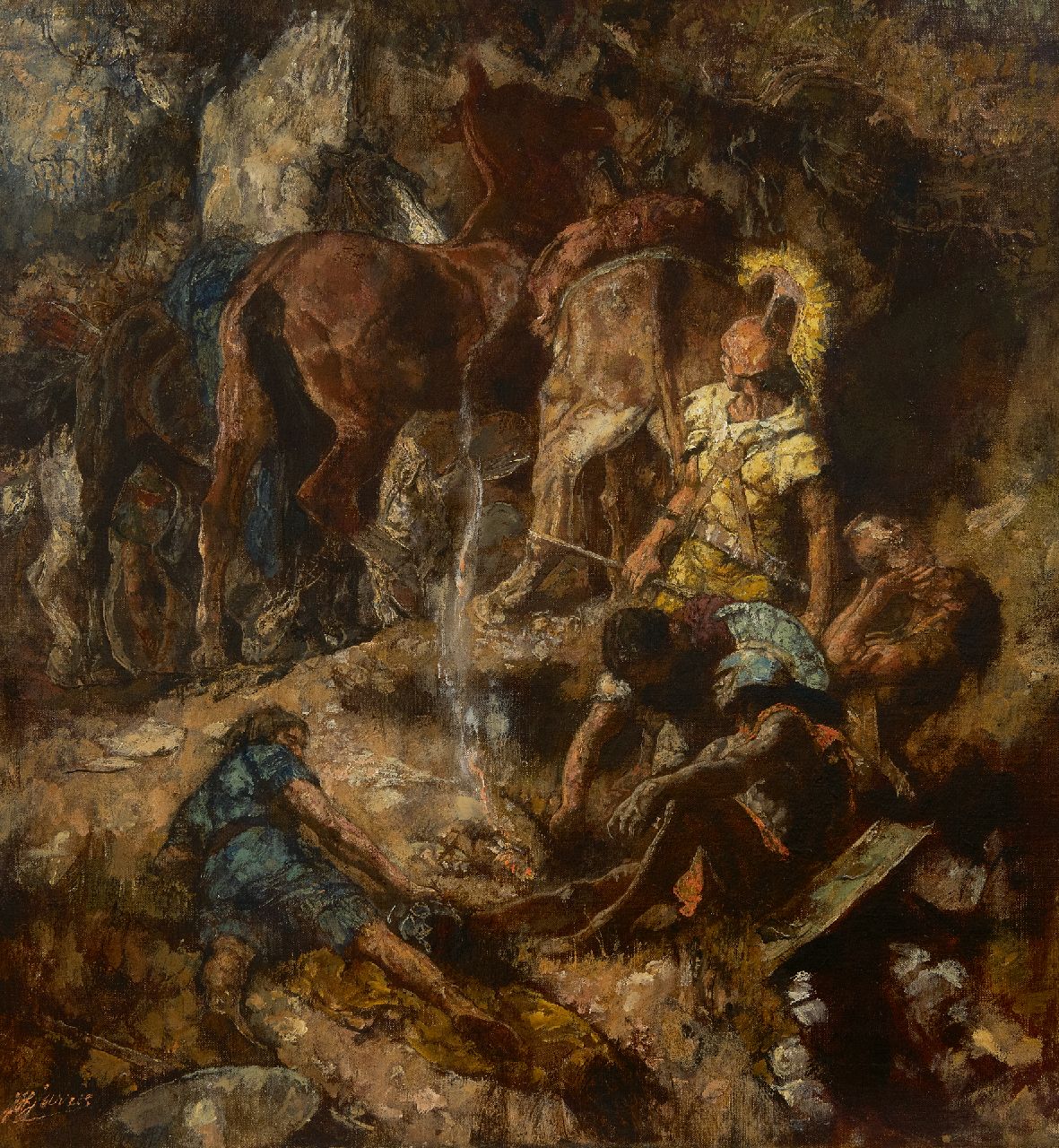 Johannes Hendricus Jurres | Roman soldiers and their horses at a watering place, oil on canvas, 54.0 x 50.0 cm, signed l.u.
