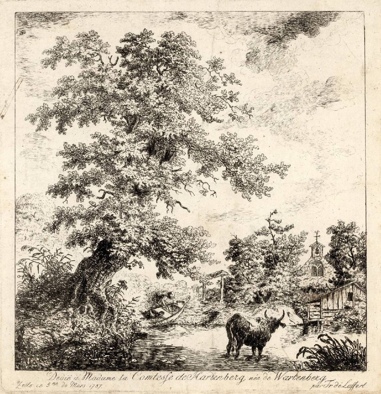 Ludwig von Laffert | A man hoisting a boat from a stream with a cow watching, etching