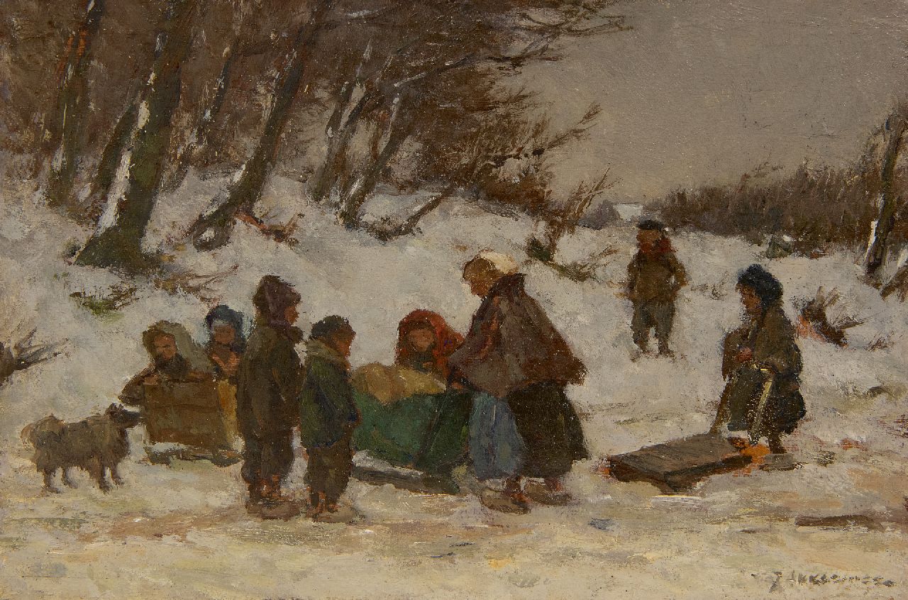 Akkeringa J.E.H.  | 'Johannes Evert' Hendrik Akkeringa | Paintings offered for sale | A winter walk with the child in a sleigh, oil on panel 17.0 x 24.6 cm, signed l.r.