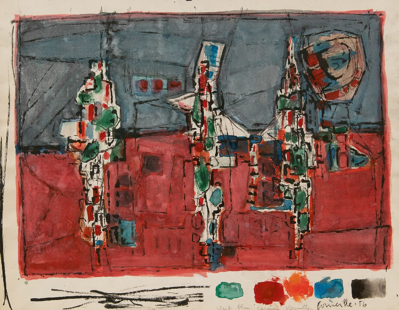 Corneille ('Corneille' Guillaume Beverloo)   | Corneille ('Corneille' Guillaume Beverloo) | Watercolours and drawings offered for sale | Nuit d'été (Summer night), ink and gouache on paper 37.5 x 48.2 cm, signed l.r. and dated '56