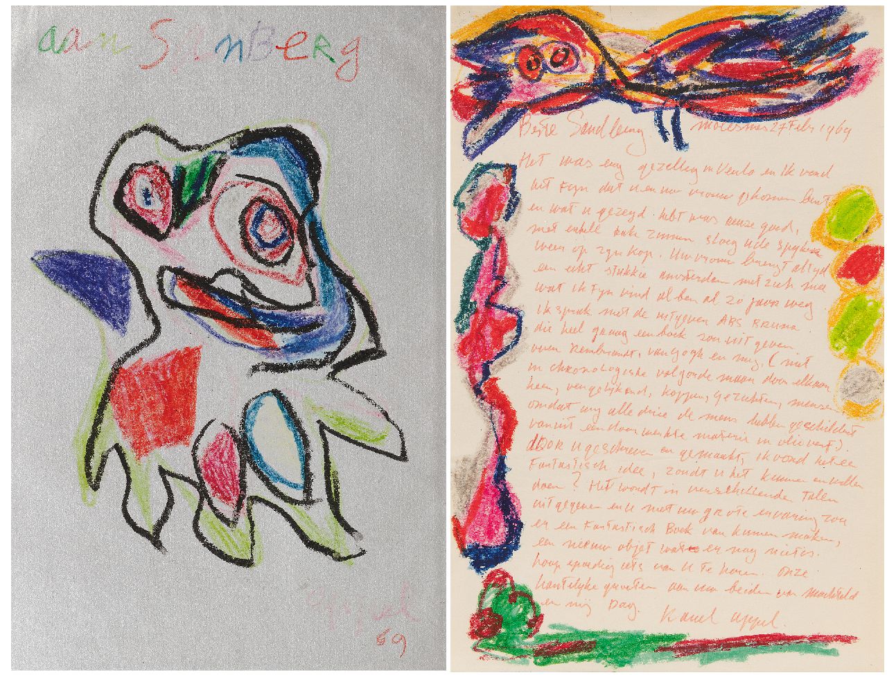 Appel C.K.  | Christiaan 'Karel' Appel |  offered for sale | Figure 'Aan Sanberg' (with illustrated letter), wax crayon on tinfoil 48.5 x 32.5 cm, signed l.r. and dated '69