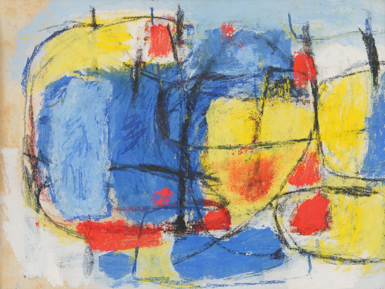 Nanninga J. | Jacob 'Jaap' Nanninga | Watercolours and drawings offered for sale | Composition in blue, yellow, red; on the reverse: Composition, chalk and gouache on paper 40.9 x 54.0 cm, signed on the reverse and painted ca. 1958 Nanninga J. | Jacob 'Jaap' Nanninga | Watercolours and drawings offered for sale | Composition in blue, yellow, red; on the reverse: Composition, chalk and gouache on paper 40.9 x 54.0 cm, signed on the reverse and painted ca. 1958