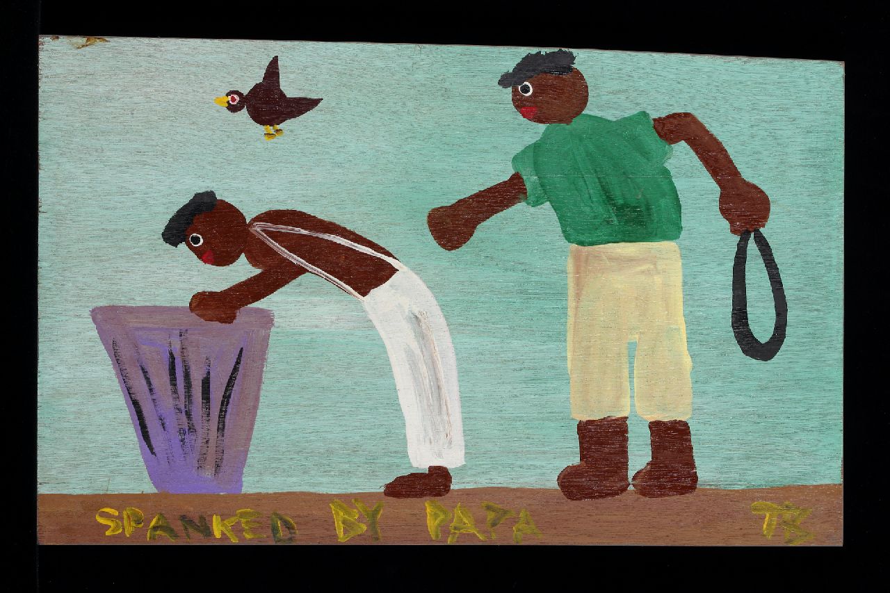Brown T.  | Timothy 'Tim' Brown | Paintings offered for sale | Spanked by papa, acrylic on panel 34.4 x 55.5 cm, signed l.r. with initials
