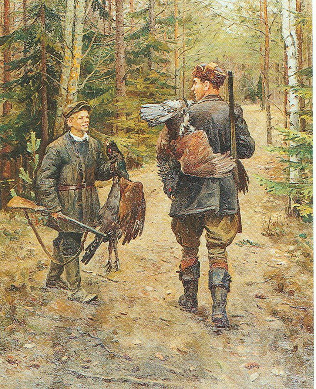 Sysoev N.A.  | Nikolay Aleksandrovitch Sysoev, Hunters in a forest, oil on canvas 124.0 x 100.0 cm, signed on the reverse and dated 1955