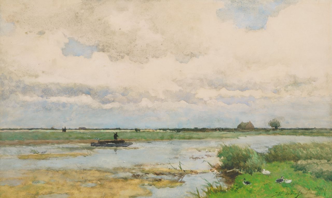 Weissenbruch H.J.  | Hendrik Johannes 'J.H.' Weissenbruch | Watercolours and drawings offered for sale | Lake view with a barge, watercolour on paper 32.5 x 54.0 cm, signed l.r.