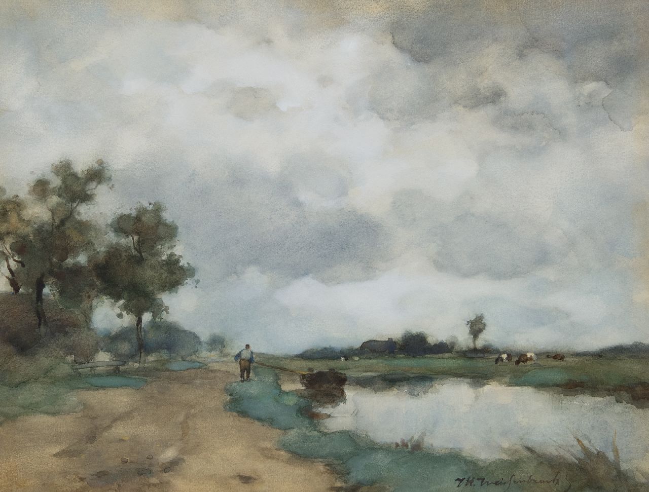 Weissenbruch H.J.  | Hendrik Johannes 'J.H.' Weissenbruch | Watercolours and drawings offered for sale | Landscape with farmer and tug-boat, watercolour on paper 34.0 x 45.0 cm, signed l.r.