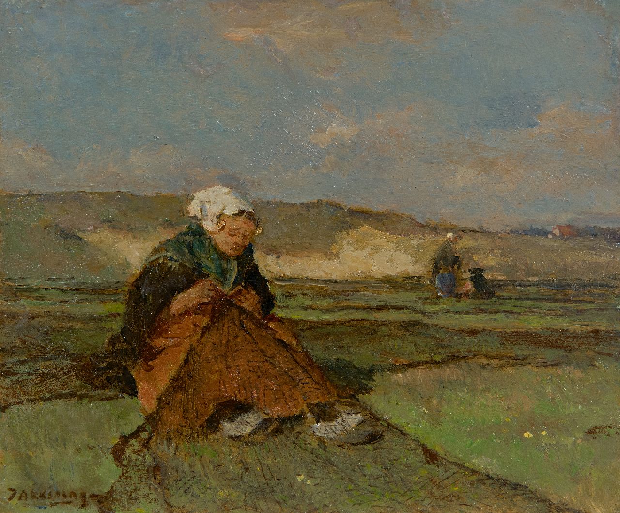 Akkeringa J.E.H.  | 'Johannes Evert' Hendrik Akkeringa | Paintings offered for sale | Mending fishing nets in the dunes, oil on panel 14.5 x 17.1 cm, signed l.l.