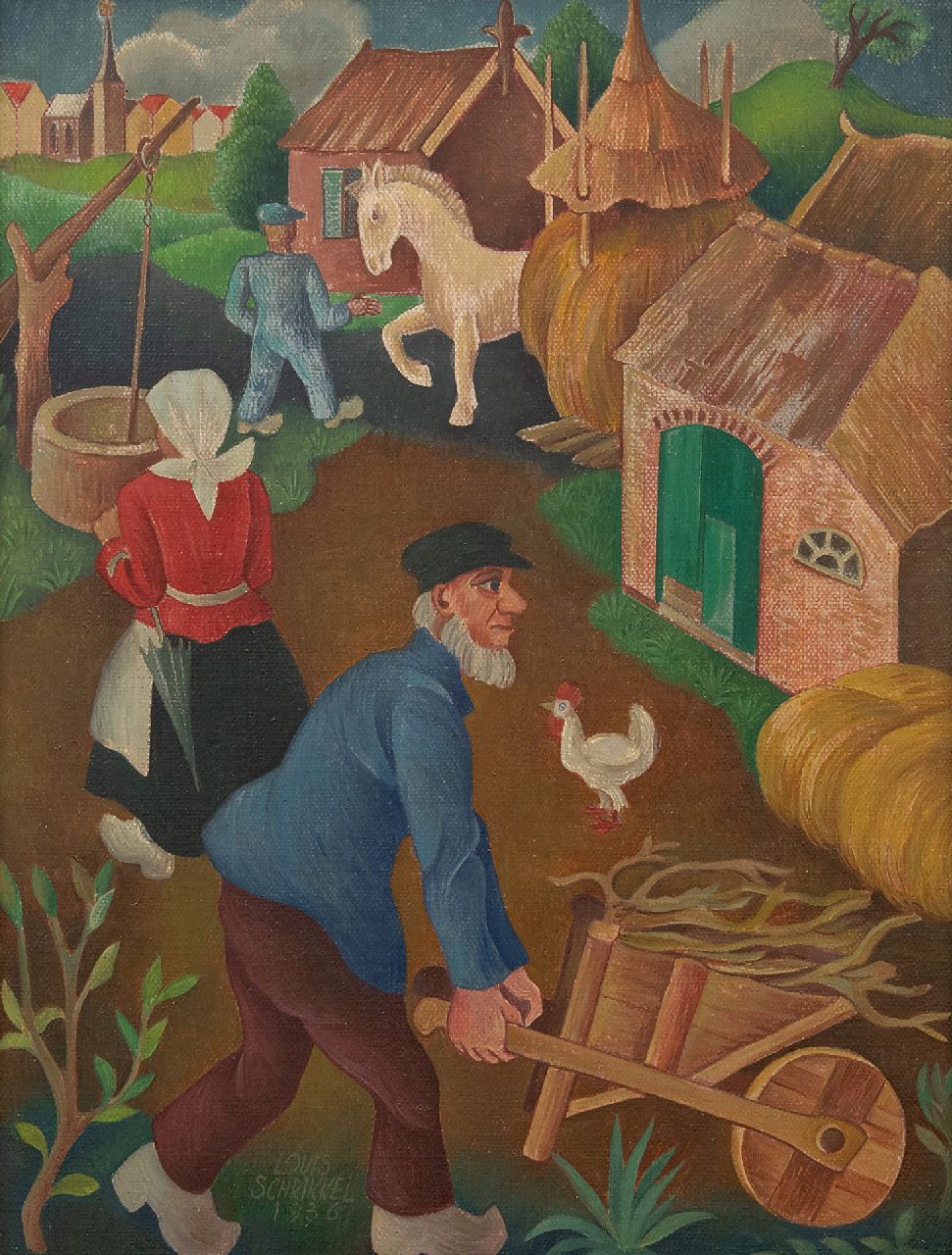 Schrikkel J.L.  | Johannes Lodewijk 'Louis' Schrikkel, Activity on the farm, oil on canvas laid down on panel 35.5 x 27.1 cm, signed l.l. and dated 1936