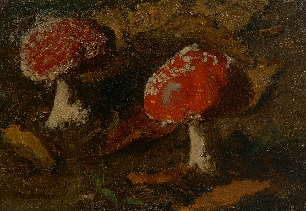 Wandscheer M.W.  | Maria Wilhelmina 'Marie' Wandscheer | Paintings offered for sale | Fly agarics, oil on panel 17.4 x 24.9 cm, signed l.l.
