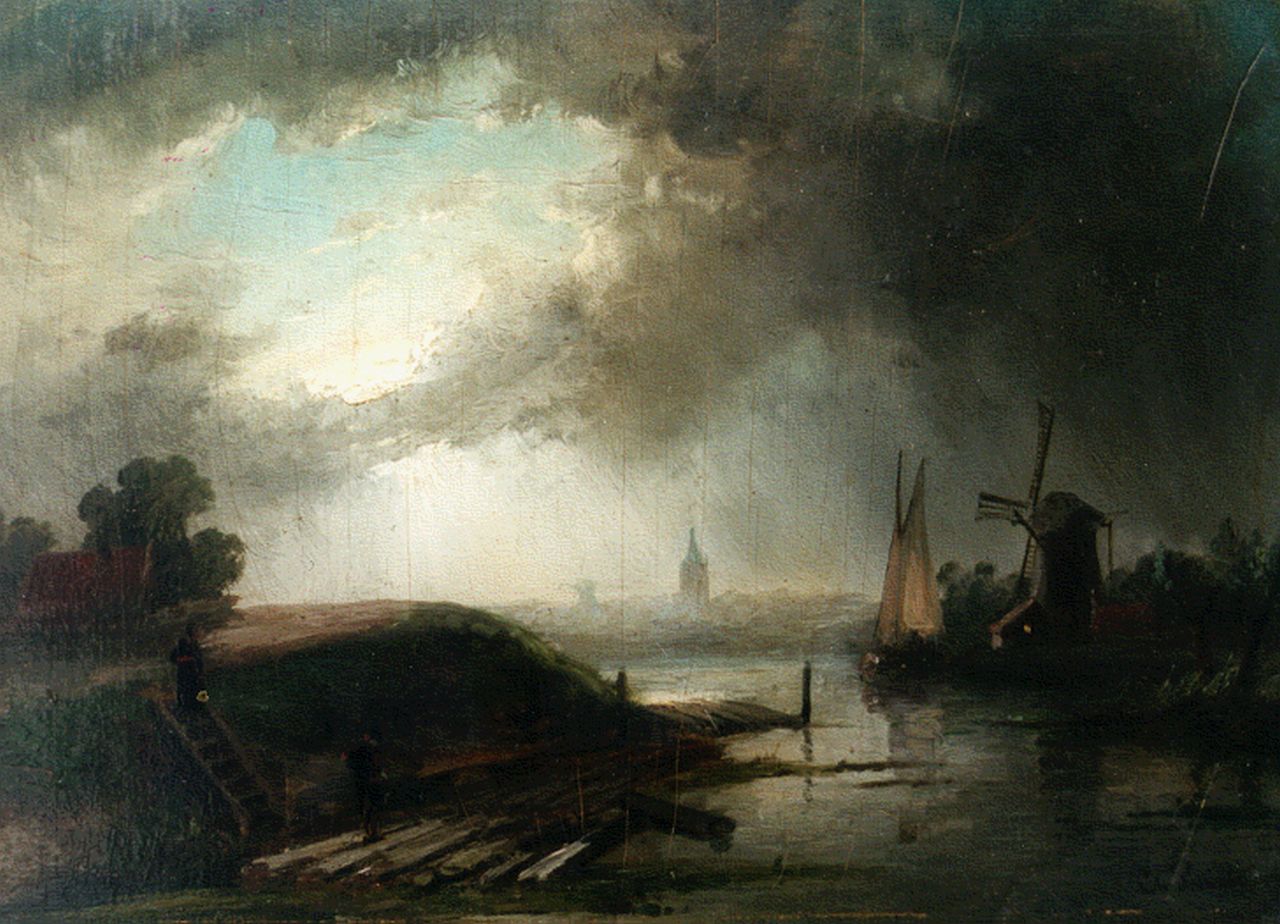 Leickert C.H.J.  | 'Charles' Henri Joseph Leickert, Evening twilight, oil on panel 21.7 x 29.0 cm, signed l.r.