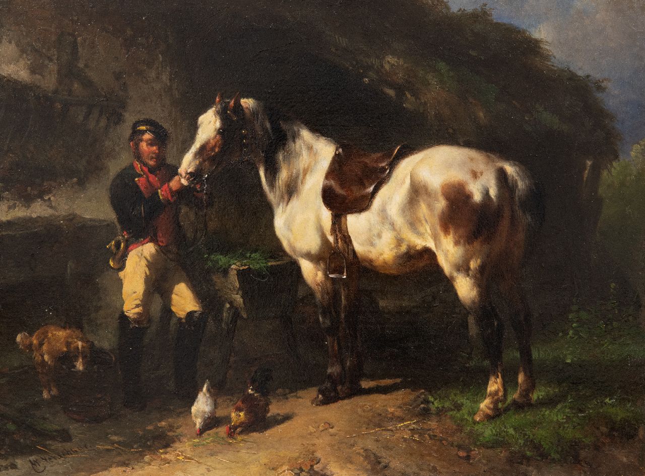 Verschuur W.  | Wouterus Verschuur | Paintings offered for sale | Postilion with his horse, oil on panel 19.5 x 26.1 cm, signed l.l.