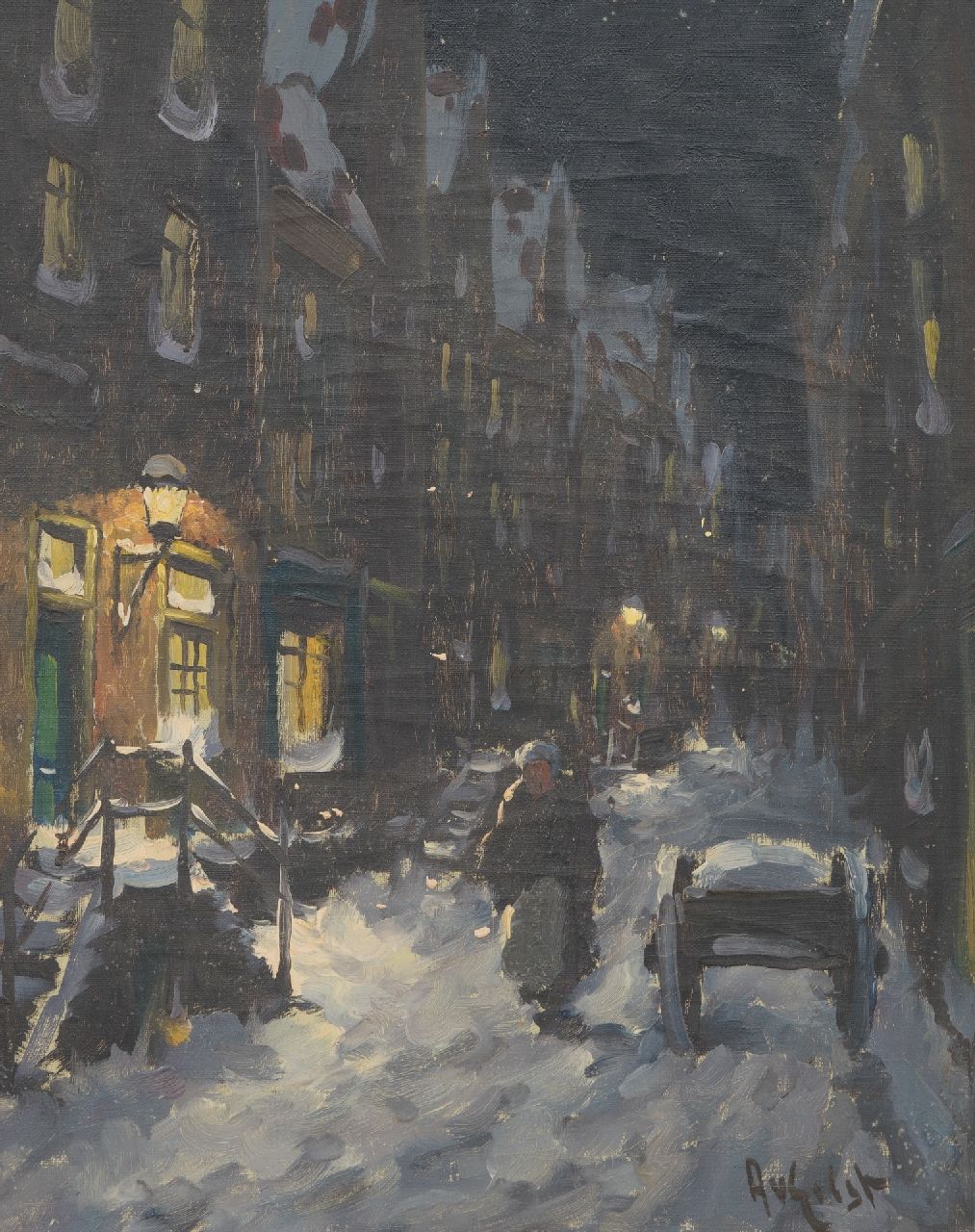 Gilst A. van | Aernout 'Arnout' van Gilst | Paintings offered for sale | Snowy street at night, oil on canvas 50.1 x 39.9 cm, signed l.r.