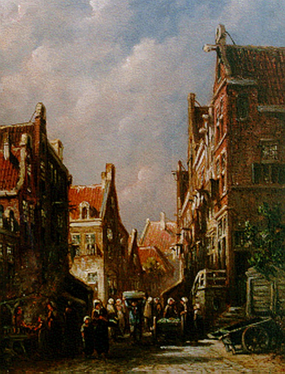 Vertin P.G.  | Petrus Gerardus Vertin, Townsfolk in a busy street, oil on panel 19.4 x 14.9 cm, signed l.l.