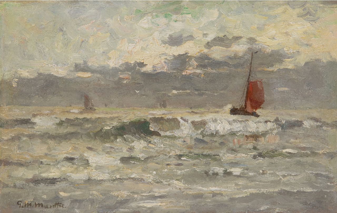 Munthe G.A.L.  | Gerhard Arij Ludwig 'Morgenstjerne' Munthe | Paintings offered for sale | Arriving fishing barges, Katwijk, oil on canvas laid down on panel 22.9 x 35.8 cm, signed l.l.